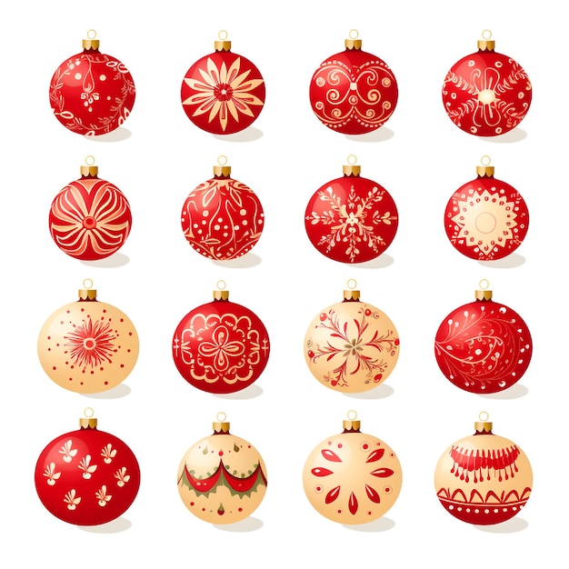 Set di ornamenti per alberi di Natale di diversi disegni su sfondo bianco