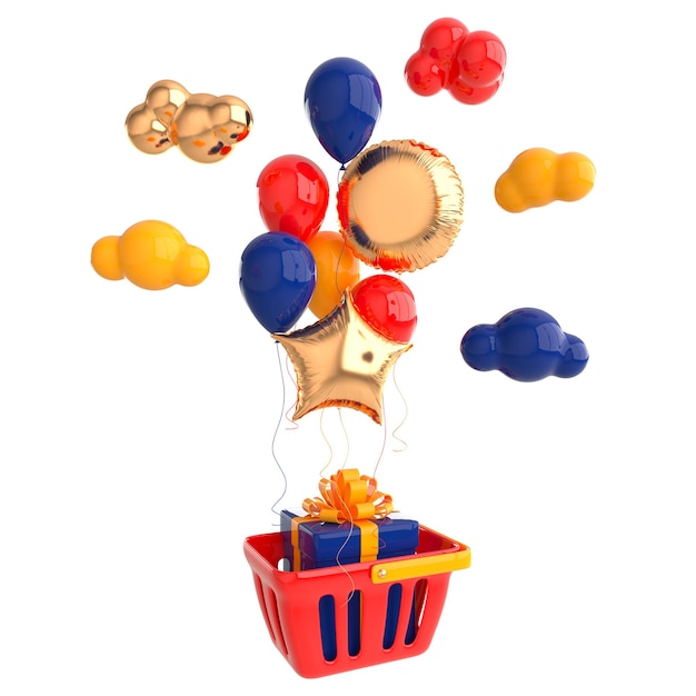 Set di palloncini colorati lucidi con carrello e scatola regalo Concetto di shopping online