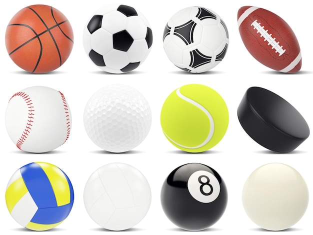 Set di palloni sportivi, calcio, basket, rugby, tennis, pallavolo, hockey, baseball, biliardo, golf, disco. illustrazione 3d