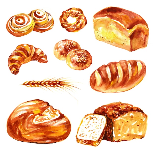 Set di pane ad acquerello disegnato a mano isolato su sfondo bianco Deliziosa illustrazione del cibo da forno