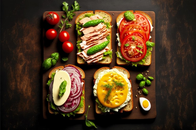 Set di panini fatti in casa con carne di formaggio e verdure a bordo su sfondo scuro