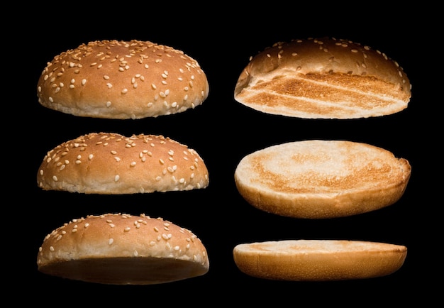 Set di panino per hamburger isolato su sfondo nero Lati e parti diverse