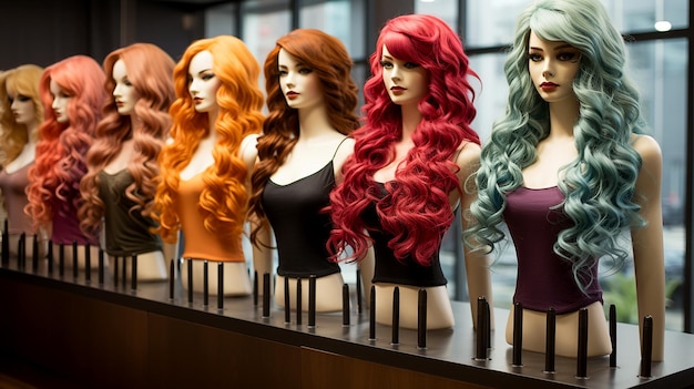 Set di parrucche giovanili per donne moderne indossate su manichini in un negozio illustrazione delle tendenze della moda nell'aspetto generato dall'IA