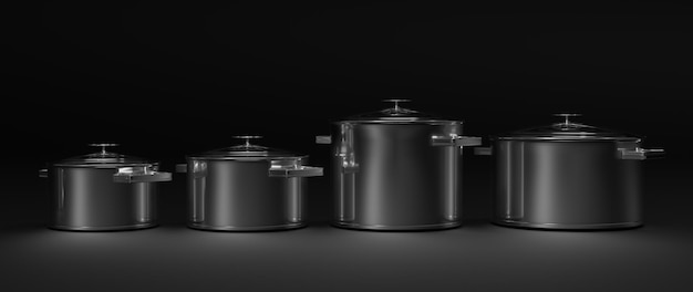 Set di pentole da cucina in acciaio su sfondo nero illustrazione 3d