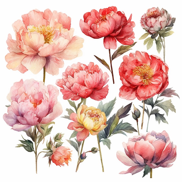 set di peonie acquerello con foglie e fiori