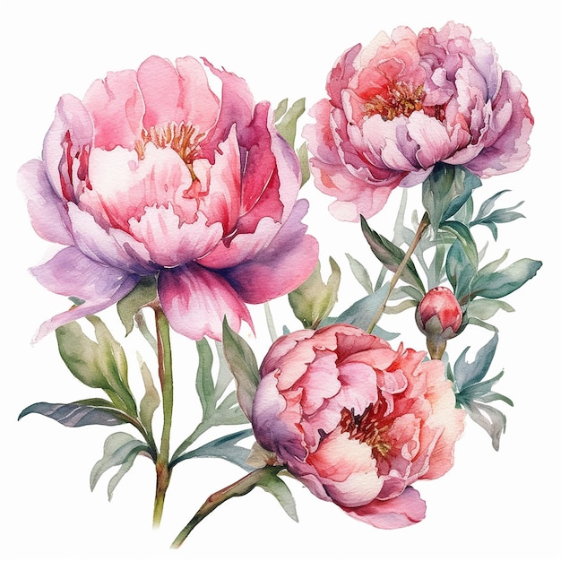 set di peonie acquerello con foglie e fiori