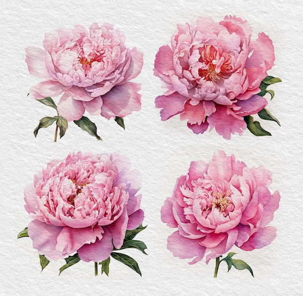 set di peonie acquerello con foglie e fiori