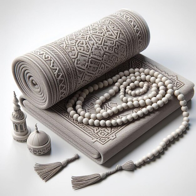 Set di perle di preghiera 3DRendered Tasbih e tappetino di preghiera piegato su sfondo bianco