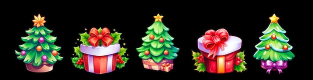 Set di personaggi natalizi png d isolati su sfondo trasparente cartone animato clipart albero di Natale