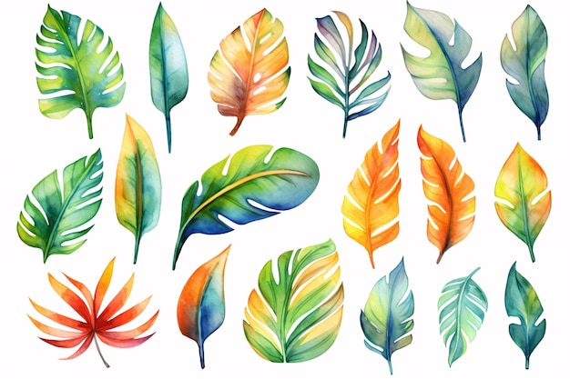Set di piante tropicali ad acquerello disegnate a mano Elementi di botanica di foglie di palma esotiche Perfetto per il design del tessuto AI generativo