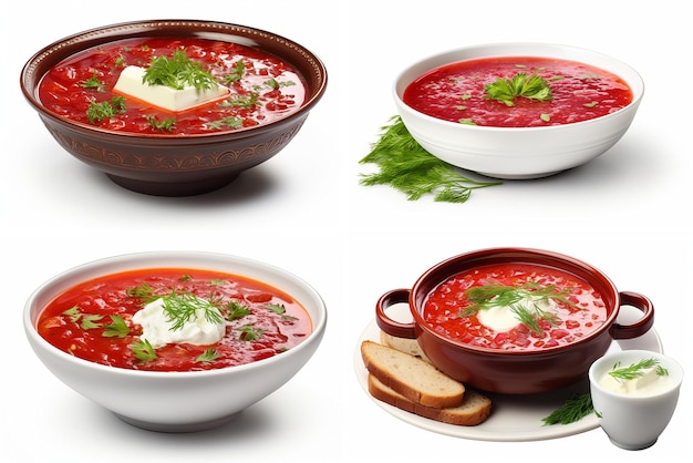 set di piatti con borscht isolato su sfondo bianco