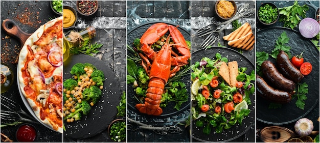 Set di piatti fotografici Set di cucine alimentari di popoli del mondo Piatti e snack su sfondo di pietra nera
