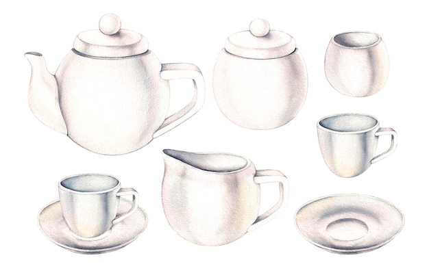 Set di piatti in ceramica bianca su uno sfondo bianco in acquerello