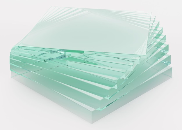 Set di piatti in vetro. Lo spessore del vetro trasparente. Rendering 3D.