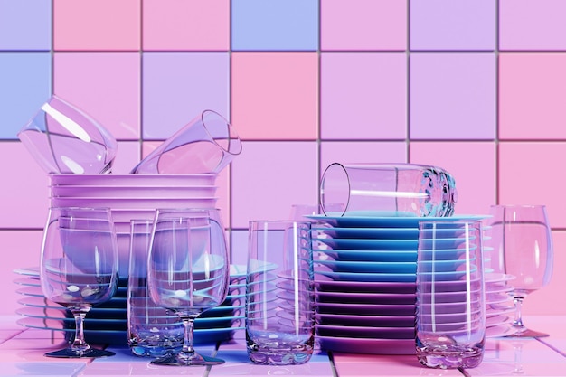 Set di piatti puliti bicchieri bicchieri illustrazione 3d
