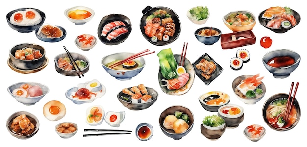 Set di piatti tradizionali asiatici Acquerello dipinto a mano illustrazione isolata su sfondo bianco
