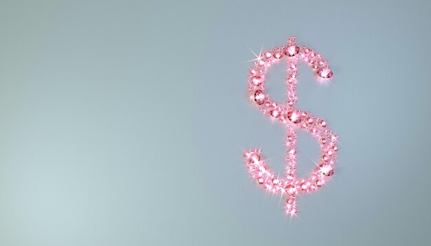 Set di pietre preziose rosa sparse sulla superficie a forma di simbolo del dollaro. illustrazione 3D