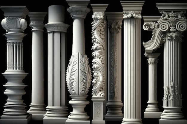 Set di pilastri in pietra Colonne romane antiche Pilastro greco in marmo Roma Grecia Architettura Illustrazione AI generativa