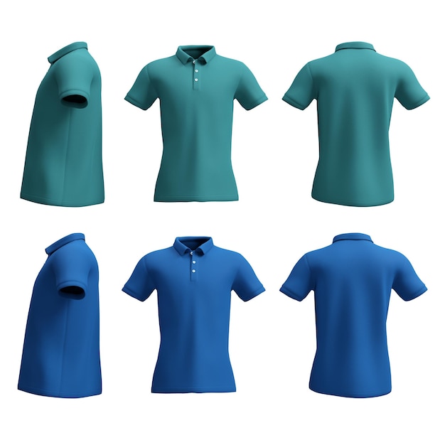 Set di Polo Shirt Vista anteriore e posteriore colore verde-blu Rendering 3D del percorso di ritaglio del disegno Mockup