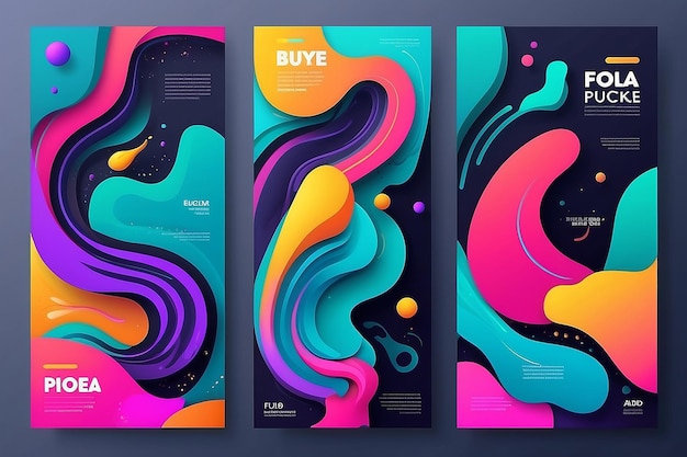 Set di poster in stile Memphis Sfondi a colori fluidi con elementi 3D futuristici Abstract in stile piatto