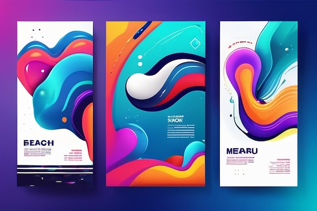 Set di poster in stile Memphis Sfondi a colori fluidi con elementi 3D futuristici Abstract in stile piatto
