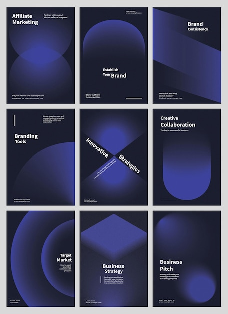 Set di poster vettoriali astratti in blu scuro con concetto di marketing aziendale