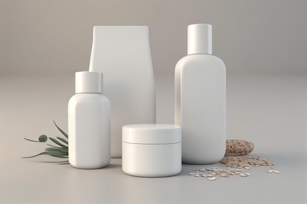Set di prodotti cosmetici bianchi su sfondo grigio 3d rendering ai generativa