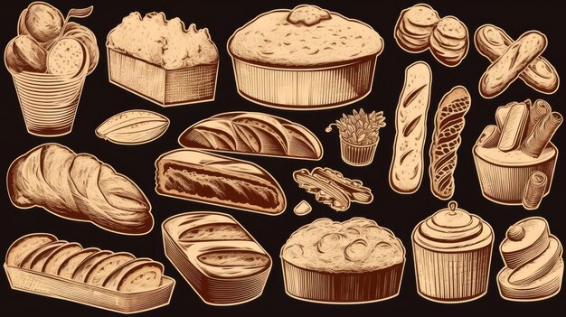 Set di prodotti di panetteria, compresi vari tipi di pane e torte