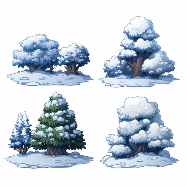 Set di quattro alberi invernali con neve e ghiaccio Illustrazione vettoriale