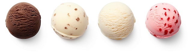 Set di quattro diverse palle o cucchiai di gelato isolati su sfondo bianco
