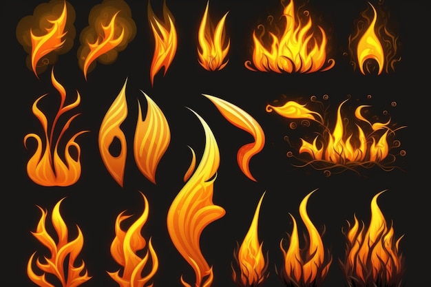 Set di raccolta fuoco di fiamma che brucia isolato su sfondo scuro per scopi di progettazione grafica