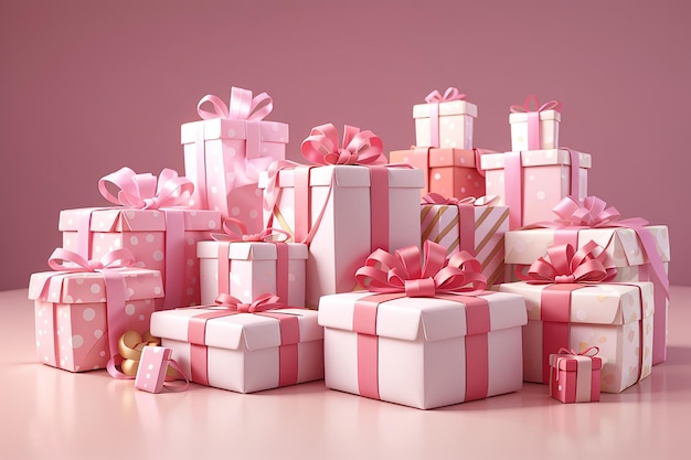 Set di rendering 3d di scatole regalo avvolte in tema rosa e bianco nel concetto di celebrazione di compleanno