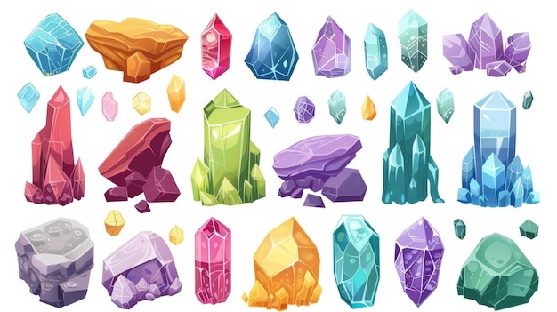 Set di rocce di cartoni animati set di gemme di cristallo rocce gioielli pietre preziose gioielli di vetro o oggetti magici di geologia Il set include rocce di cartoon viola rosso verde giallo rosa e blu