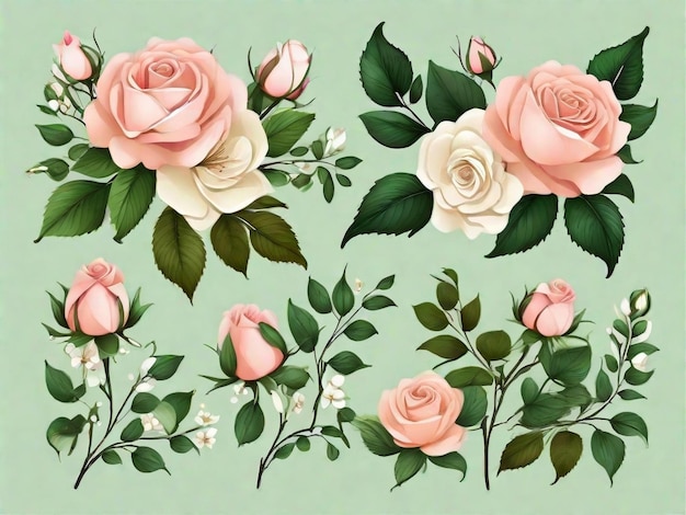 Set di rose rosa e foglie verdi su sfondo verde