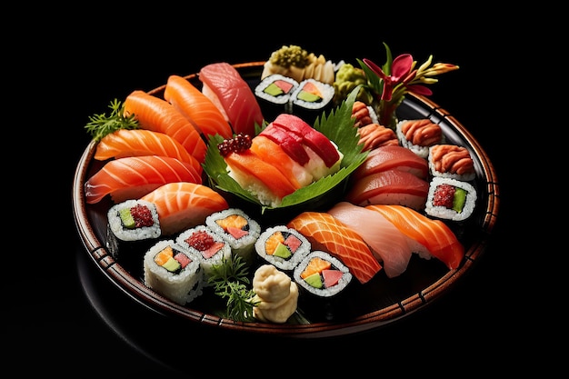 Set di rotoli di sushi Menu di sushi Cucina giapponese Illustrazione di AI generativa