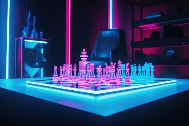 Set di scacchi al neon su tavolo di legno in interni futuristici e futuristici creati con intelligenza artificiale generativa