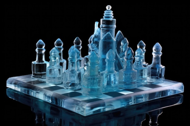 Set di scacchi di ghiaccio con alito gelido su pezzi creati con intelligenza artificiale generativa