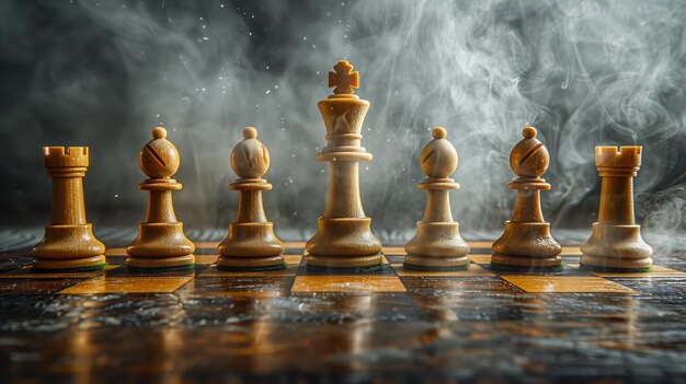 Set di scacchi in piedi su uno sfondo di fumo con spazio di copia