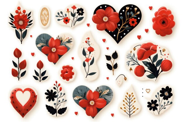 Set di scarabocchi del giorno di San Valentino Love Heart Flower Illustrazione di adesivo di gelato su sfondo bianco