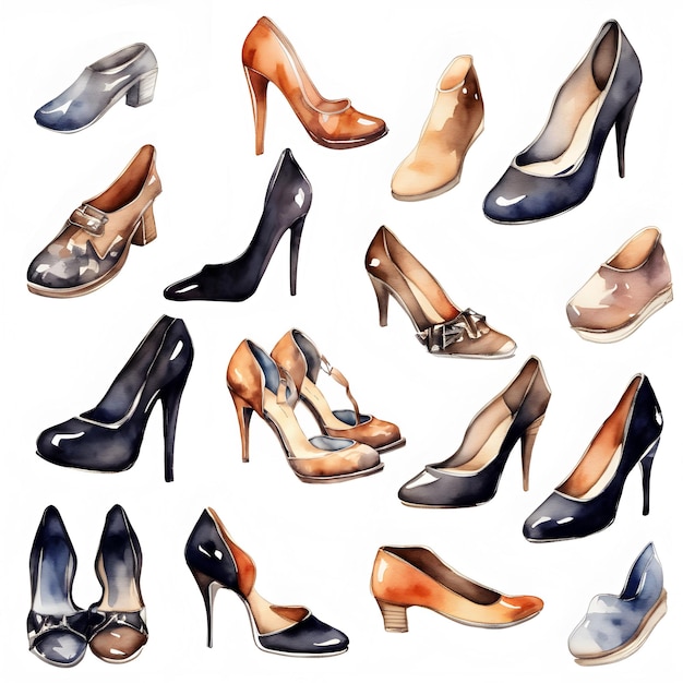 Set di scarpe e tacchi classici da donna Acquerello a mano dipinto illustrazione isolata