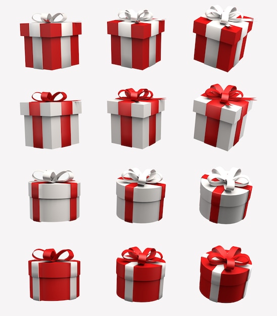 Set di scatole regalo rosse o scatole regalo isolate su sfondo bianco Prospettive diverse