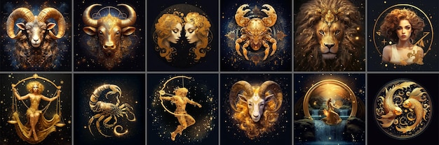 Set di segni zodiacali serie d'oro di simboli astrologici per il tema dell'oroscopo AI generativo