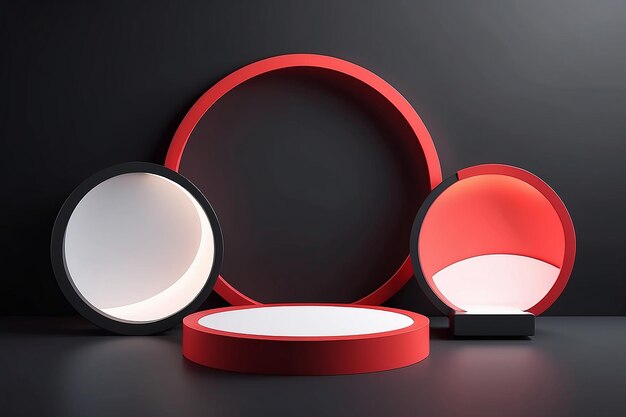 Set di sfondo 3D realistico con podio cilindrico nero rosso bianco luminoso luce semicerchi laye