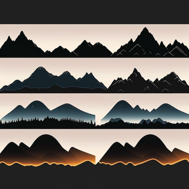 Set di silhouette di montagne su uno sfondo bianco