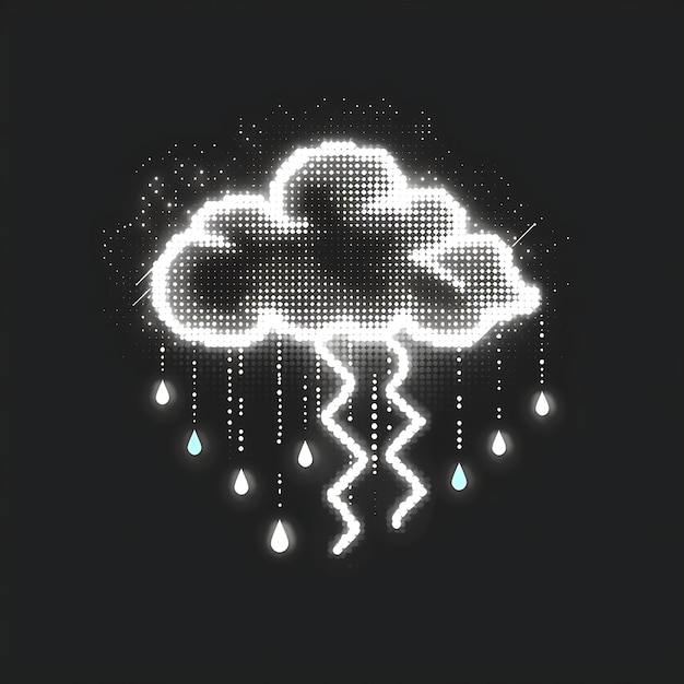 Set di Simple Cloud 16 Bit Pixel con fulmini e gocce di pioggia e S Game Asset Tshirt Concept Art