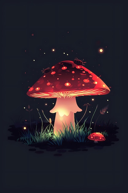 Set di Simple Mushroom 16 Bit Pixel con erba e insetti e Polka D Game Asset Tshirt Concept Art