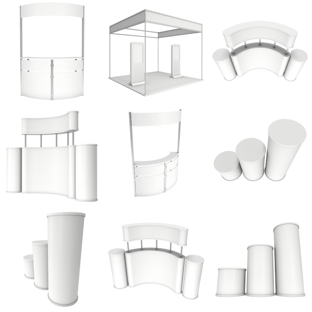 Set di stand fieristici RollUp e PopUp 3d render isolati su sfondo bianco Rendering 3d