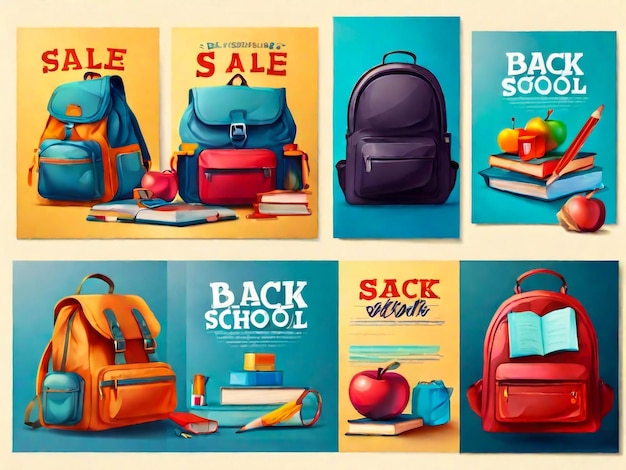 Set di striscioni Back to School con matite colorate e sfondi disegnati a mano Illustrazione vettoriale