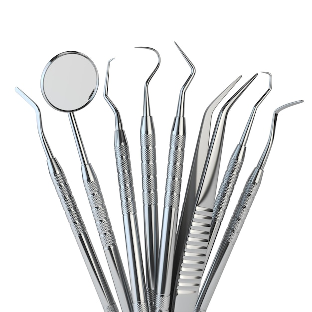 Set di strumenti dentali per la cura dentale dei denti isolati su bianco Concetto di stomatologia