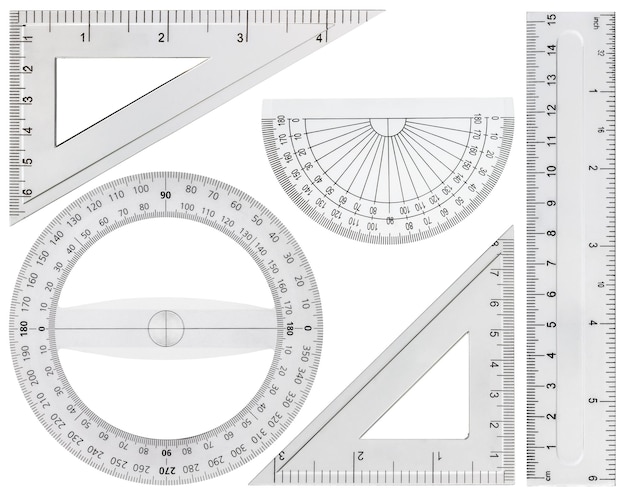 Set di strumenti di disegno righello goniometro triangolo isolato su sfondo bianco